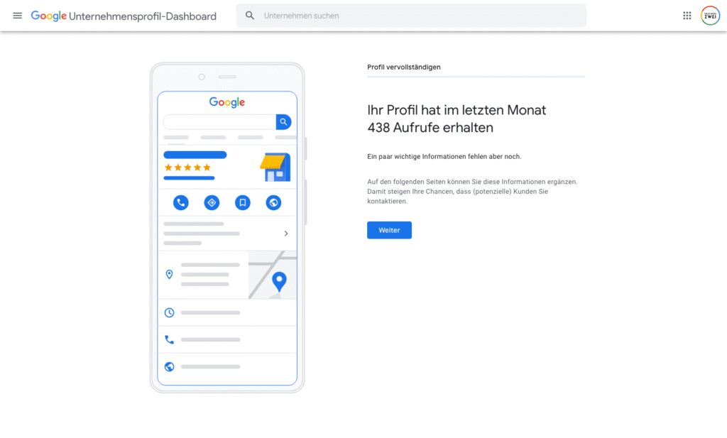 Screenshot der Google Unternehmensprofilseite zur Einrichtung des Profils
