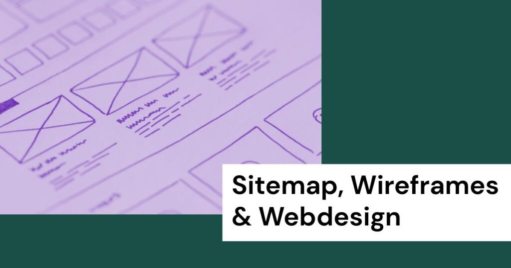 Titelbild mit Titel "Sitemap, Wireframes & Webdesign" und Bild von Wireframe-Skizze